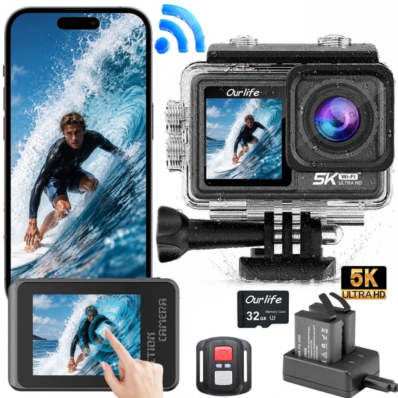 5K Action Camera, Waterproof 132FT, Eis 6-Axis Stabilization, Wifi Remote, Dual Screen Sports Cam