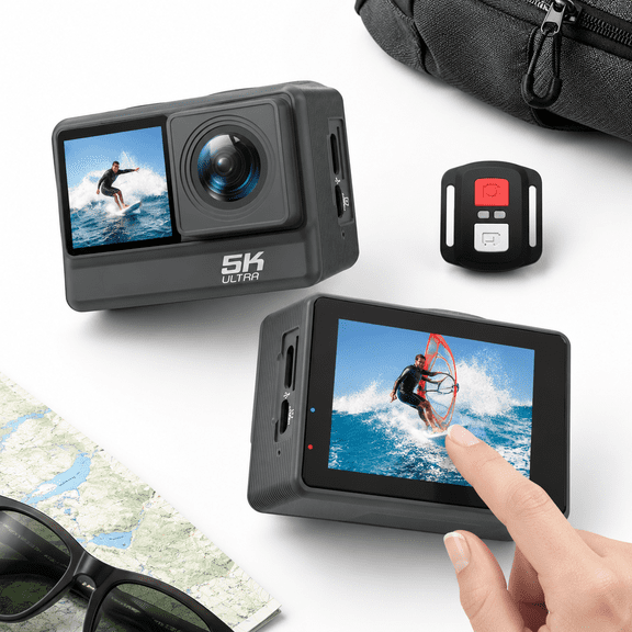5K Black Ultra HD 5K Action Camera with Dual Touch Screens, 30m Waterproof, WiFi, 50MP Photos