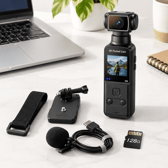 5K Body Camera with Audio, 270 Rotating Lens, External Mic, EIS Stabilization, Black
