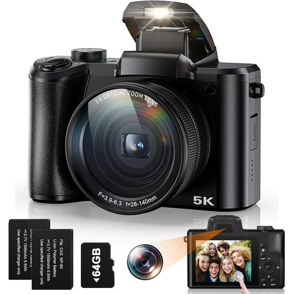 5K Digital Camera 5X Optical Zoom Cameras for Photography, 64MP Front and Rear Dual Cameras Vlogging Camera for YouTube Video with 3.2" IPS Touchscreen, 6-Axis Stabilization, 64G TF Card, 2 Batteries