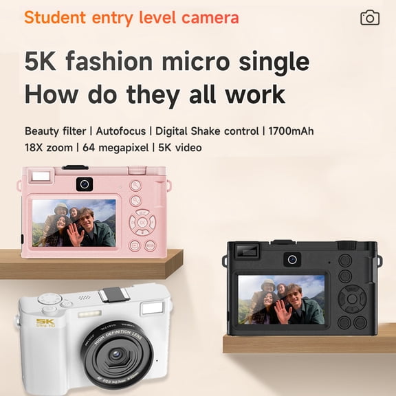 5K Digital Camera 64MP 18X Zoom WiFi Vlogging Camera with Front Selfie Lens, Anti-Shake, CMOS Sensor, 1700mAh Battery, 3.0" IPS Screen, for Beginners Students, White