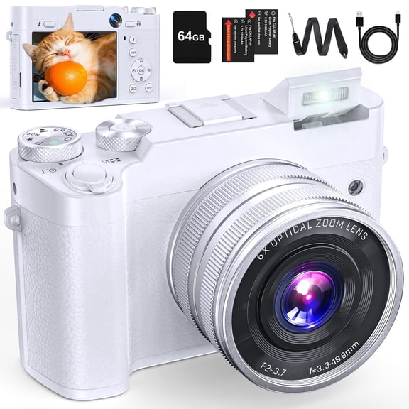 5K Digital Camera, 64MP Vlogging Camera for YouTube with 6X Optical Zoom, Autofocus & Anti-Shake, Dual-Lens, 64GB Card & Flash, 2 Batteries（White）