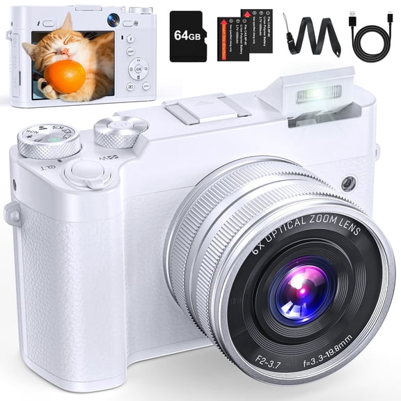 5K Digital Camera, 64MP Vlogging Camera for YouTube with 6X Optical Zoom, Autofocus & Anti-Shake, Dual-Lens, 64GB Card & Flash, 2 Batteries(White)