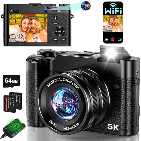 5K Digital Camera 64MP WiFi Dual-Lens Vlogging Camera for YouTube with 64GB Card 6X Optical Zoom Autofocus Video Cameras for Photography