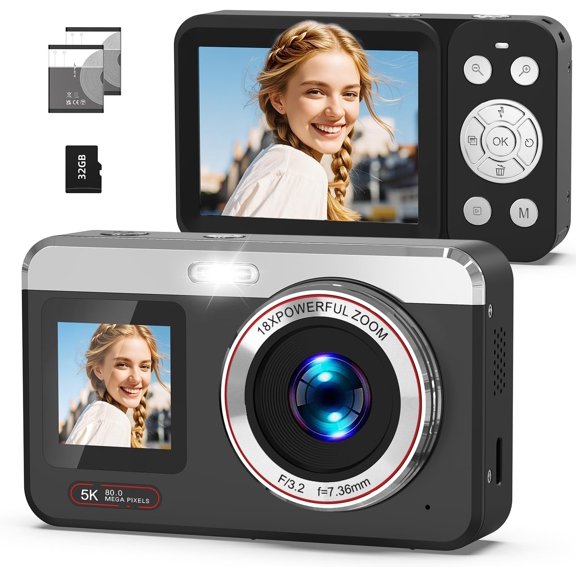5K Digital Camera, 80MP Dual Screen Autofocus Vlogging Camera, 18X Zoom Point and Shoot Camera for Photography, Flash, 32GB Card, 2 , Compact Camera for Teens Adults (Black)