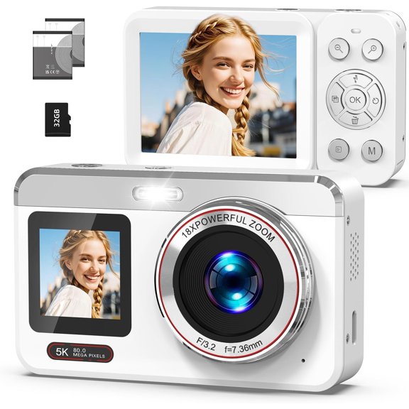 5K Digital Camera, 80MP Dual Screen Autofocus Vlogging Camera, 18X Zoom Point and Shoot Camera for Photography, Flash, 32GB Card, 2 , Compact Camera for Teens Adults (White)
