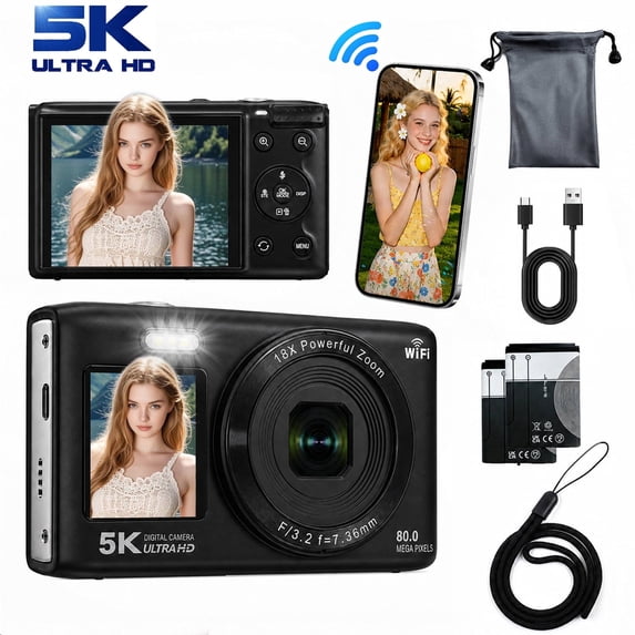 Ourlife 5K Digital Camera 80MP, Dual Screen WiFi Vlogging Device with 18X Zoom, Flash, 64GB Card, Point-and-Shoot for Teens Adults, Black