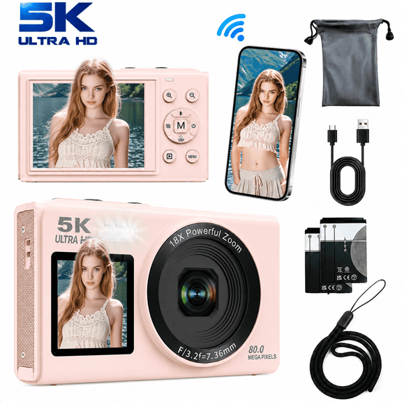 5K 80MP Digital Camera, Dual Screen WiFi Point-and-Shoot Camera with 18X Zoom, Flash and 64GB Card for Vlogging, Teens and Adults, Pink