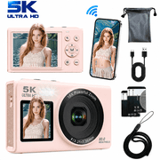 5K 80MP Digital Camera, Dual Screen WiFi Point-and-Shoot Camera with 18X Zoom, Flash and 64GB Card for Vlogging, Teens and Adults, Pink