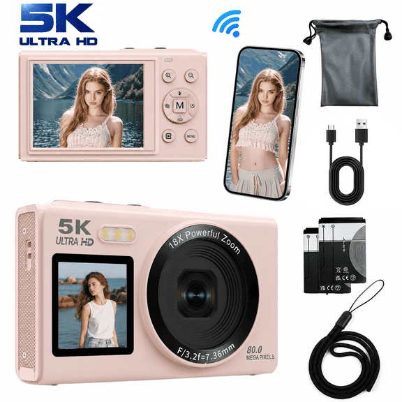 5K 80MP Digital Camera, Dual Screen WiFi Point-and-Shoot Camera with 18X Zoom, Flash and 64GB Card for Vlogging, Teens and Adults, Pink