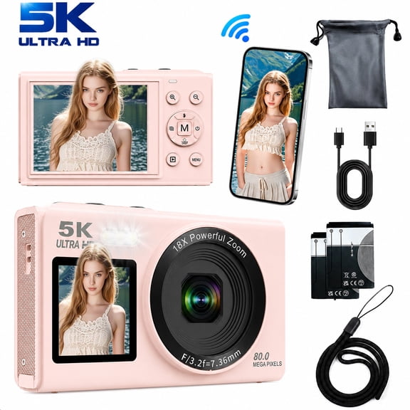 5K 80MP Digital Camera, Dual Screen WiFi Point-and-Shoot Camera with 18X Zoom, Flash and 64GB Card for Vlogging, Teens and Adults, Pink