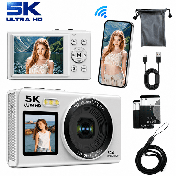 5K Digital Camera 80MP, Wi-Fi Vlogging Camera with Dual Screen, 18X Zoom, Flash, 64GB Card, for Beginners and Teens, White