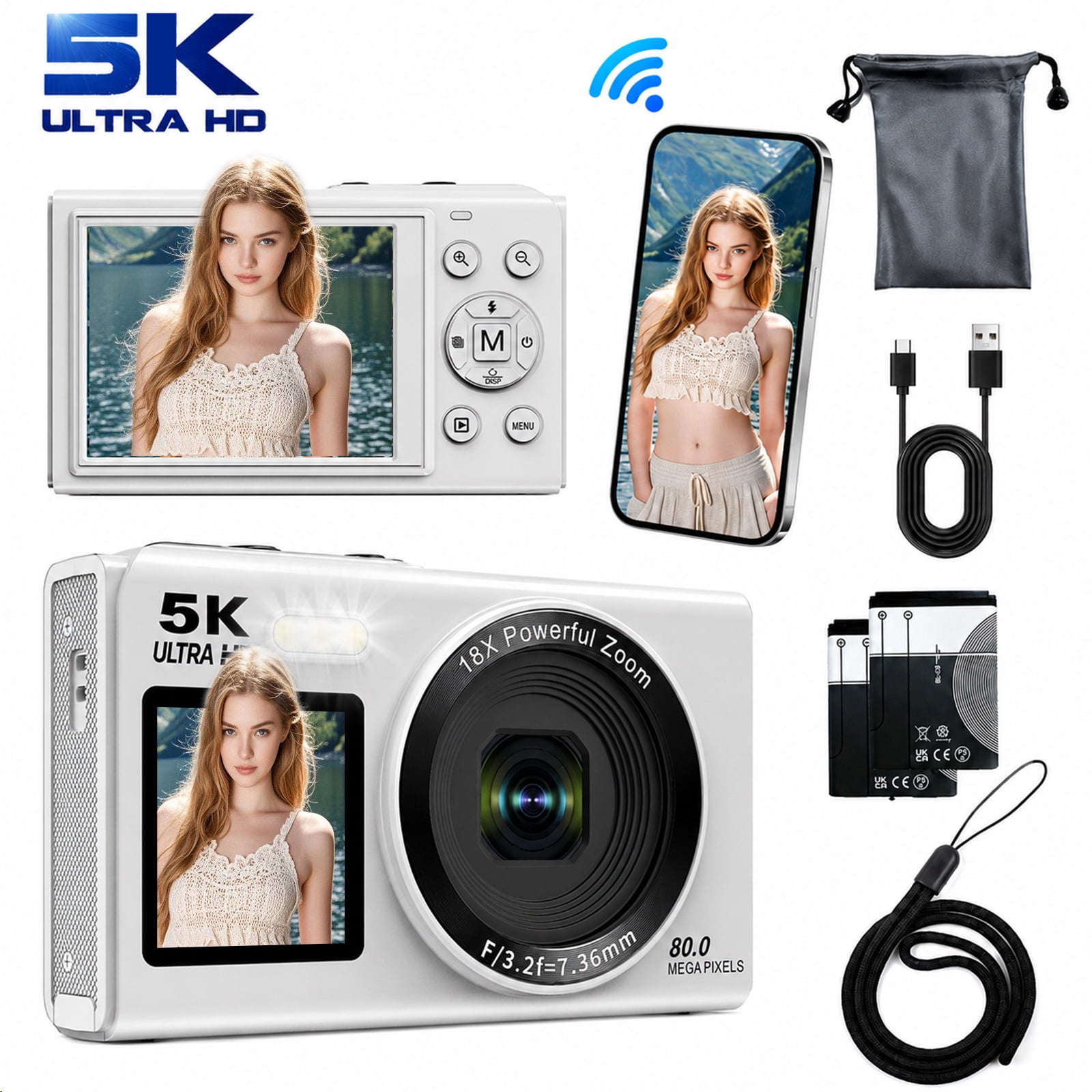 5K Digital Camera 80MP, Wi-Fi Vlogging Camera with Dual Screen, 18X Zoom, Flash, 64GB Card, for Beginners and Teens, White
