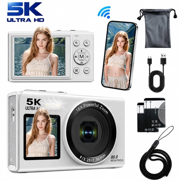 5K Digital Camera 80MP, Wi-Fi Vlogging Camera with Dual Screen, 18X Zoom, Flash, 64GB Card, for Beginners and Teens, White