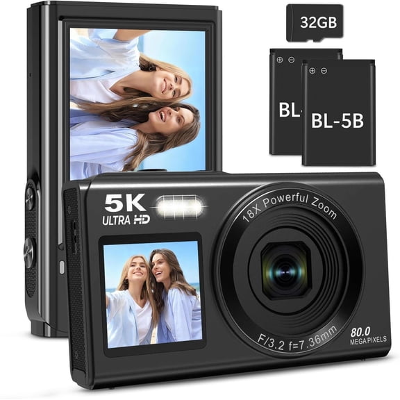 5K Digital Camera,80MP WiFi Vlogging Camera for YouTube with 18X Digital Zoom & Flash,Portable Compact Camera with Screens,32GB TF Card & 2 for Teens Adult(Black)