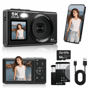 Ourlife Compact Travel Digital Camera for Vlogging, 5K 80MP Dual Screens Autofocus 18X Zoom, Beginner-Friendly Starter Camera with 64GB Card & 2 Batteries, Black