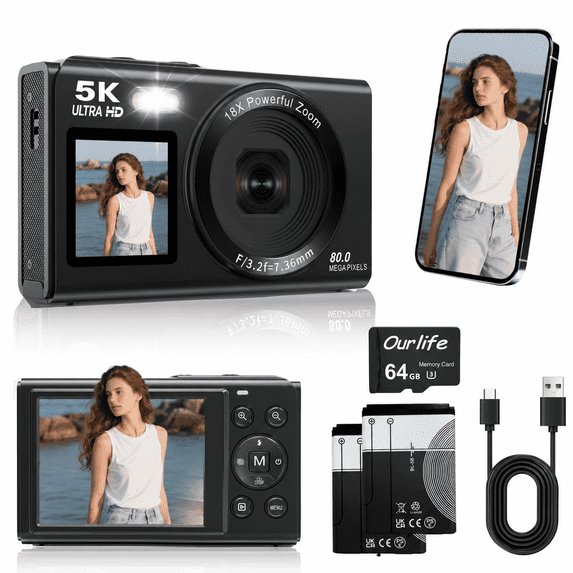 Ourlife Compact Travel Digital Camera for Vlogging, 5K 80MP Dual Screens Autofocus 18X Zoom, Beginner-Friendly Starter Camera with 64GB Card & 2 Batteries, Black