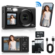 Ourlife Compact Travel Digital Camera for Vlogging, 5K 80MP Dual Screens Autofocus 18X Zoom, Beginner-Friendly Starter Camera with 64GB Card & 2 Batteries, Black