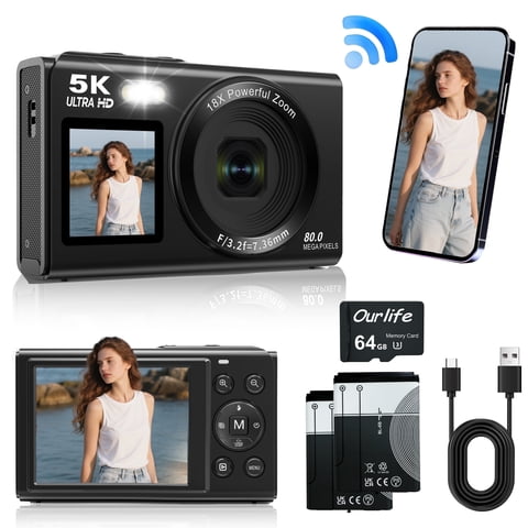Ourlife Compact Travel Digital Camera for Vlogging, 5K 80MP Dual Screens Autofocus 18X Zoom, Beginner-Friendly Starter Camera with 64GB Card & 2 Batteries, Black