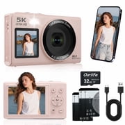 Ourlife Digital Camera 5K 80MP with Dual Screens, Autofocus 18X Zoom Compact Camcorder for Vlogging, Beginner Camera with Wifi, 32GB Card & 2 Batteries Pink