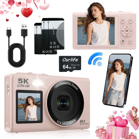 Ourlife Dual Screens 5K Digital Camera for Vlogging - 80MP, 18X Zoom, Autofocus, Compact Travel Camera, Beginner-Friendly Gift Pack, Include 64GB Card & 2 Batteries, Pink
