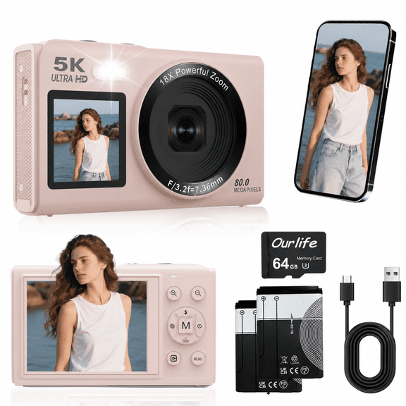 Ourlife Digital Camera 5K 80MP with Dual Screens, Autofocus 18X Zoom Compact Camcorder for Vlogging, Beginner Camera with Wifi, 64GB Card & 2 Batteries Pink