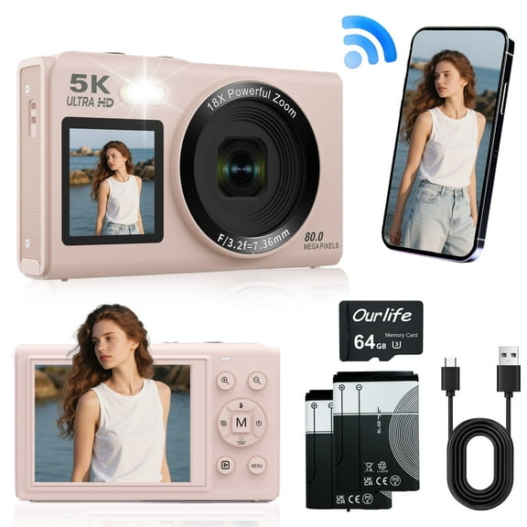Ourlife Dual Screens 5K Digital Camera for Vlogging - 80MP, 18X Zoom, Autofocus, Compact Travel Camera, Beginner-Friendly Gift Pack, Include 64GB Card & 2 Batteries, Pink