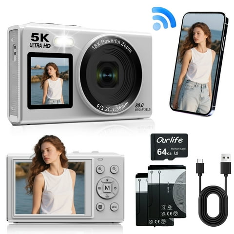 Ourlife Dual Screens 5K Digital Camera for Vlogging - 80MP, 18X Zoom, Autofocus, Compact Travel Camera, Beginner-Friendly Gift Pack, Include 64GB Card & 2 Batteries, White