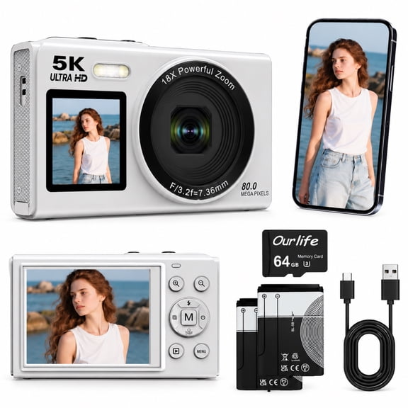 Ourlife Dual Screens 5K Digital Camera for Vlogging - 80MP, 18X Zoom, Autofocus, Compact Travel Camera, Beginner-Friendly Gift Pack, Include 64GB Card & 2 Batteries, White