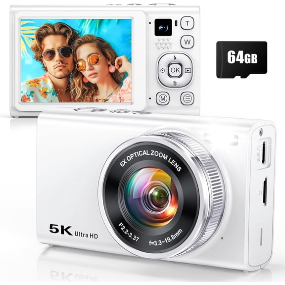 5K Digital Camera for Photography with 6X Optical Zoom, 2026 96MP Autofocus Vlogging Camera for YouTube with Dual Lens, Anti-Shake, Flash, Compact Small Travel Cameras with 64GB Card, White