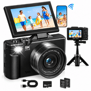 Digital Camera 5K 75MP WiFi Vlogging Camera for Photography, 18x Zoom, Autofocus, 3" Flip Screen, 64GB Card, for Teens and Beginners,Black