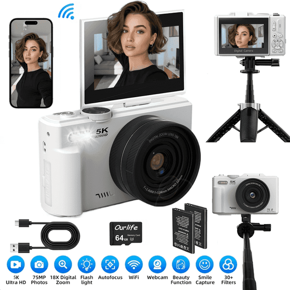 Ourlife 5K Digital Camera 75MP WiFi Autofocus Vlogging Camera for Youtube 3" 180° Flip Screen 18X Zoom Travel Cameras for Beginner Teen with 64GB Card (White)