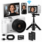 Ourlife 5K Digital Camera 75MP WiFi Autofocus Vlogging Camera for Youtube 3" 180  Flip Screen 18X Zoom Travel Cameras for Beginner Teen with 64GB Card White