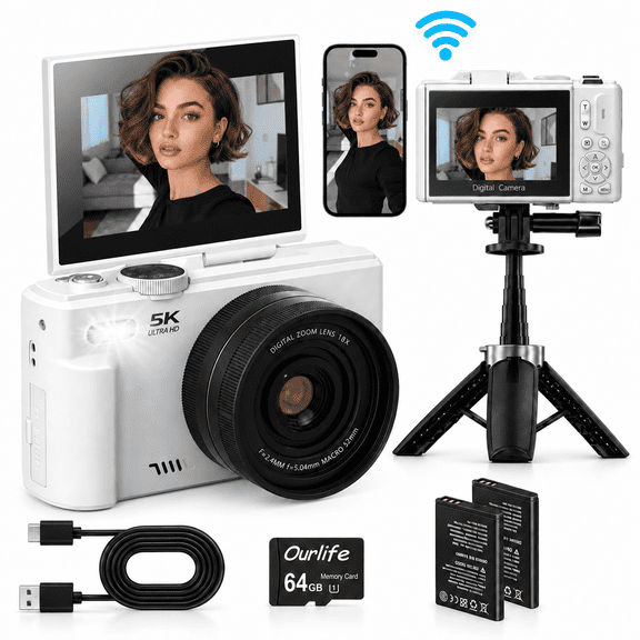 Ourlife 5K Digital Camera 75MP WiFi Autofocus Vlogging Camera for Youtube 3" 180° Flip Screen 18X Zoom Travel Cameras for Beginner Teen with 64GB Card (White)