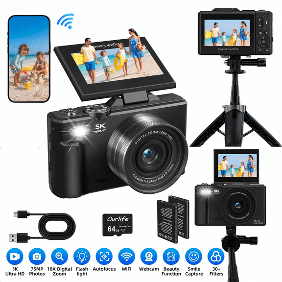 75MP 5K Digital Camera for Photography with Autofocus, WiFi, 18X Zoom, 3" Flip Screen, Camera for Teens and Beginners, Black