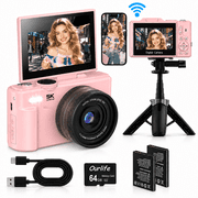 Ourlife 5K 75MP Digital Camera for Photography with Autofocus, 3" IPS Flip Screen, WiFi, 18X Zoom, 64GB Card, Pink