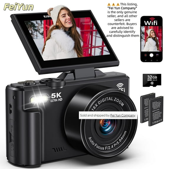 5K Digital Camera for Photography, 75MP WiFi Vlogging Camera for YouTube – UHD Digital Camera with 18X Zoom, 3" Flip Screen (180°), Built-in Flash – Ideal for Travel, Beginners & Adults