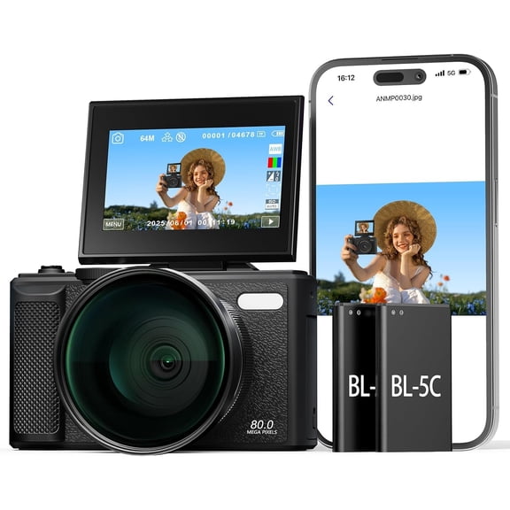 5K Digital Camera for Photography, 80MP Autofoucs Vlogging Camera for YouTube with 3" 180? Flip Screen, 18X Digital Zoom Travel Camera for Beginner, Teens with 64GB Memory Card & 2