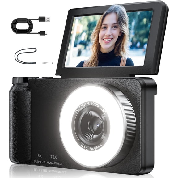 5K Digital Camera for Photography with Fill Light, 3'' 180?Flip Screen, 75MP Vlogging Camera for YouTube Video, 18X Zoom Compact Point and Shoot Cameras for Beginner Teens, , Black