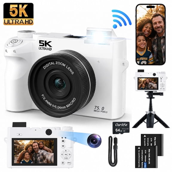 5K Digital Camera, 72MP Vlogging Camera with Webcam for YouTube TikTok, 18X Zoom, 3.0" IPS Screen, Mic Support, Wifi, 64GB, Tripod, White
