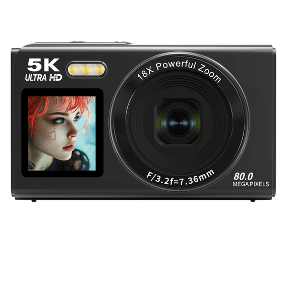 5K Digital Camera for Photography and Vlogging, 80MP Compact Point and Shoot Camera with 18X Digital Zoom, 2.8" Display, Anti-Shake, 1200mAh Battery, Portable Travel Camera for Teens Beginners, Black