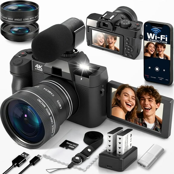 5K Digital Camera for Photography with WiFi Auto-Focus Vlogging Camera for YouTube with Flip Screen, Come with 2 Batteries, Wide & Macro Lens, MicroSD Card, Card Reader