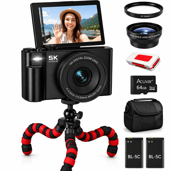 5K Digital Camera for Photography & Video – 75MP UHD Vlogging Camera with WiFi, Autofocus, 3" Flip Screen, 18X Zoom – Compact (Deluxe Kit, Black)