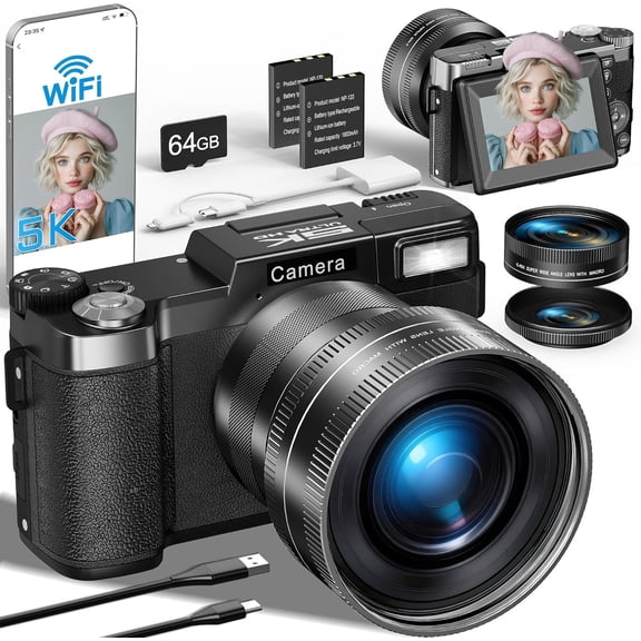5K Digital Camera with WiFi, Cameras for Photography with 180?Flip Screen, Vlogging Camera with 64GB Card, , Camera for Beginner, Teens