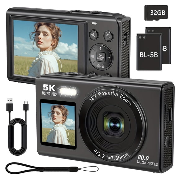 5K Dual-Screen Vlog Digital Camera, 80MP Image, 18X Digital Zoom, WiFi, 32GB Memory Card & 2 Rechargeable Batteries