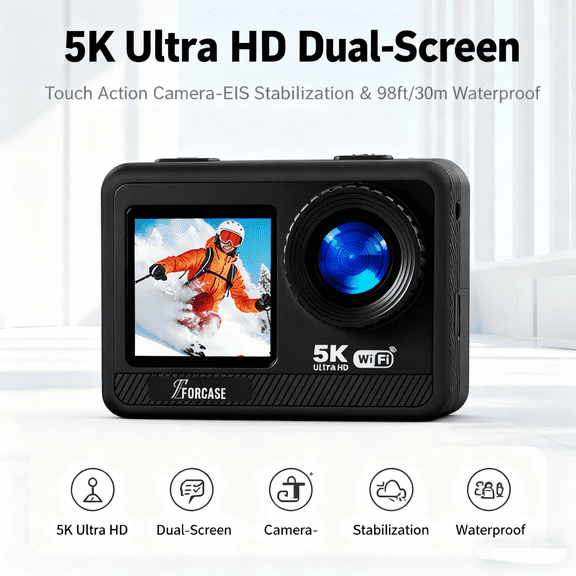 5K Dual Touch Screen Action Camera with EIS & IP68 Waterproof - 12MP IMX386 Sensor, 170 Wide Angle, Wi-Fi Control Waterproof Action Camera for Sports and Vlog