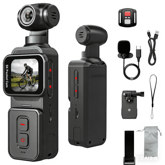 5K Pocket Vlogging Camera Body Camera with Microphone, 5K/20FPS and 4K/60FPS, 1.69'' Touchscreen, 270 Rotating Lens, Face Tracking, Wi-Fi, 6-Axis Stabilization, for YouTube, Travel, Work (128GB)
