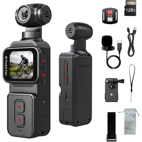 5K Pocket Vlogging Camera Body Camera with Microphone, 5K/20FPS and 4K/60FPS, 1.69'' Touchscreen, 270 Rotating Lens, Face Tracking, Wi-Fi, 6-Axis Stabilization, for YouTube, Travel, Work