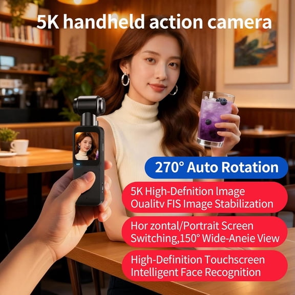 5K Pocket action Camera,Handheld sports camera,Automatic rotation 270 Rotation Wide Angle Lens action Camcorder,with Touchscreen with face recognition autofocus for Sport Vlog YouTube TikTok