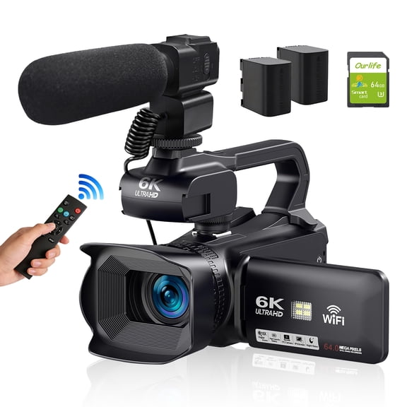 Ourlife 6K Video Camera Digital Camcorder 64MP Vlogging Camera for YouTube - 18X Zoom, 4" Touch Screen, WiFi, Microphone, 64GB Card, 2 Batteries, Black